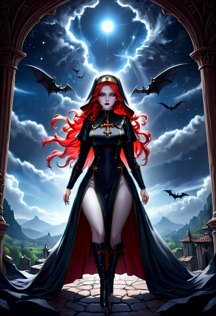 (no nudity: 1.5), a picture of an exquisite beautiful female nun vampire standing under the starry night sky on the porch of her monastery, (pale skin: 1.3), red hair, wavy hair, dynamic eyes color, cold eyes, glowing eyes, intense eyes, dark red lips, ((fangs: 1.1)), wearing (white nun uniform: 1.3), long cloak, flowing cloak, wearing (high heeled boots: 1.3), sky full of stars background, moon, bats flying about, action shot, high details, best quality, 16k, ((ultra detailed: 1.5)), masterpiece, best quality, portrait shot, photorealism, dark fantasy art, gothic art, many stars, sense of dread, GlowingRunesAI_red, Cinematic Hollywood Film style, , dark novel, Cinematic Hollywood Film style