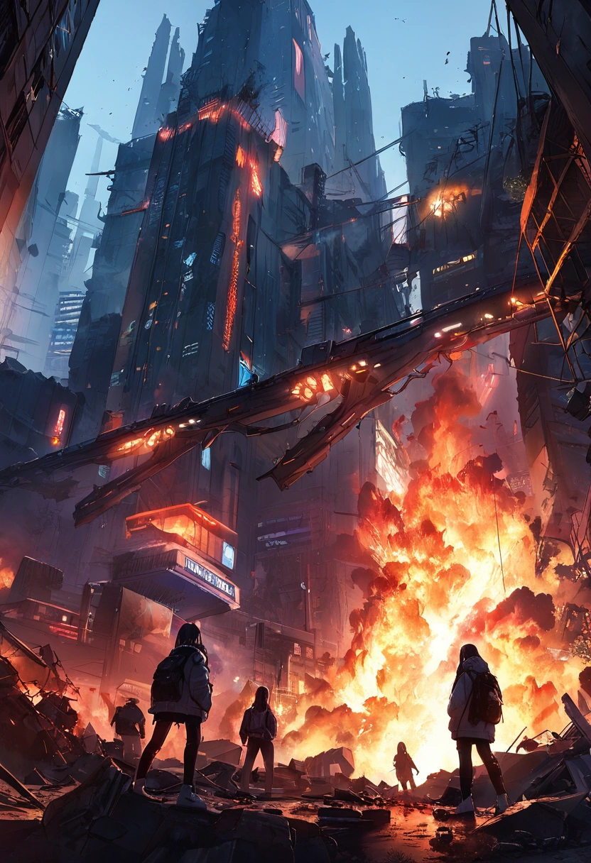 Metropolitan city, cyberpunk, neo lights, destruction, destroyed, fire, (masterpiece),(best quality),from below, bystander, 8k,best quality, good quality, beautiful light