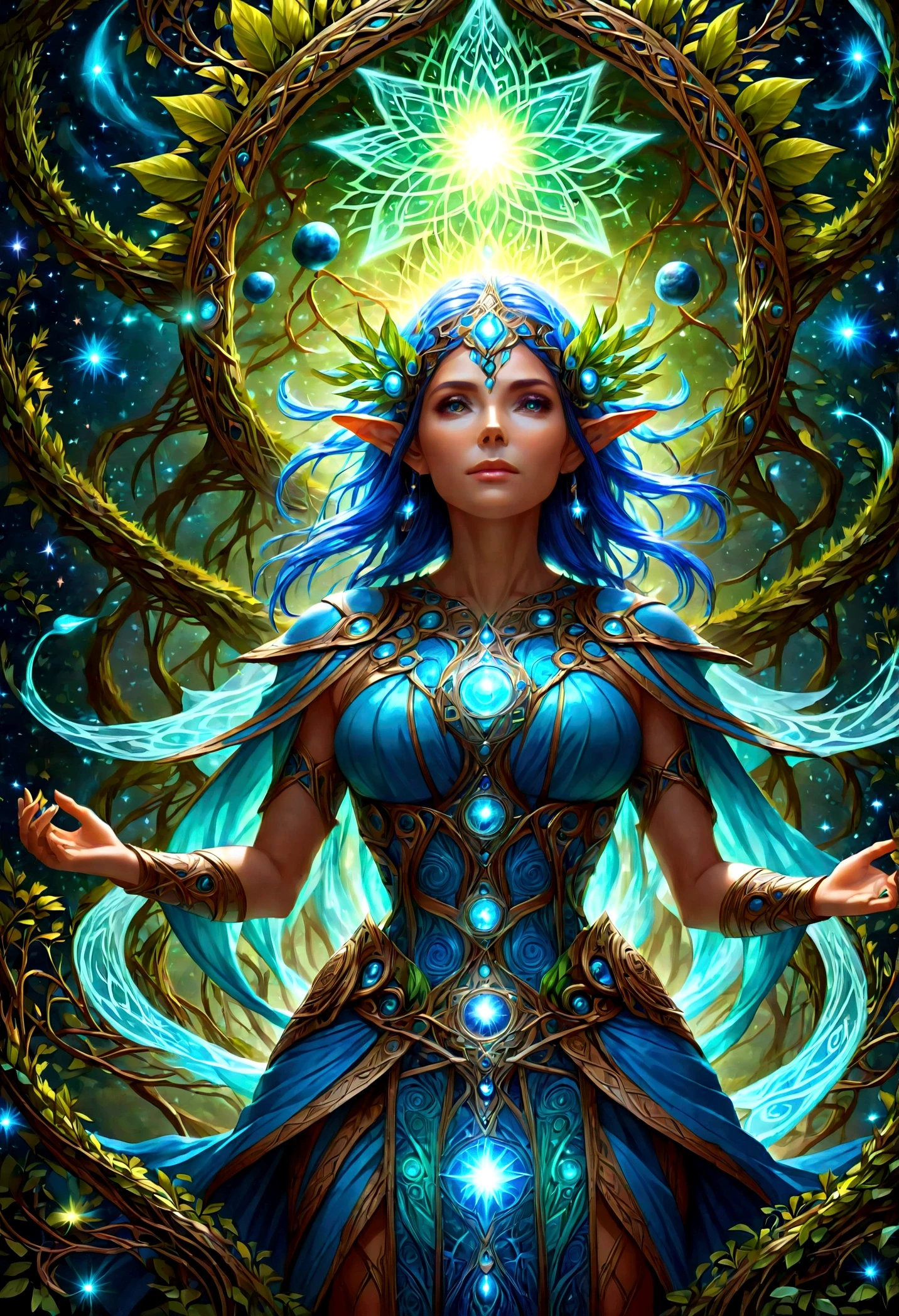 high details, best quality, 16k, [ultra detailed], masterpiece, (extremely detailed), dynamic angle, photorealistic, ((fantasy art)), d&d art, rpg art, realistic art, female human druid of the stars, guardian of nature, controlling magical energy made of stars, swirling blue stary magical light, divine symbols, DruidMagicAI (intricate details, Masterpiece, best quality: 1.5), human female, extremally beautiful, ultra feminine, dynamic hair, dynamic hair color, wearing leather armorת holding a staff, moon light, stars, dynamic natural background, RPG art, magical atmosphere magic-fantasy-forest, ultra best realistic, best details, 16k, [ultra detailed], masterpiece, best quality, (extremely detailed), photorealism, depth of field, hyper realistic painting, Cinematic Hollywood Film style