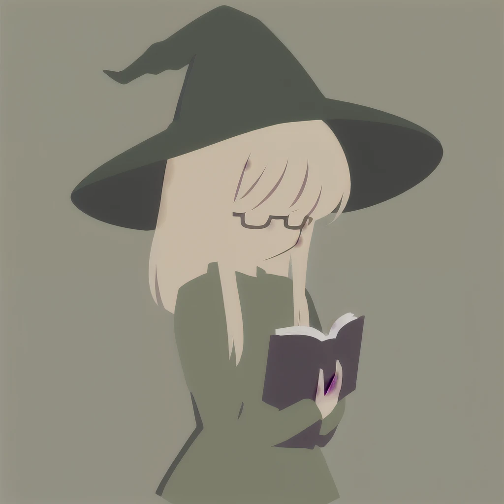 Anime Minimalist, One girl, alone, Flaxen Hair, Green background, hair ornaments, librarian,Glasses,hat,witch,(Turned to the side:1.5),I had a book