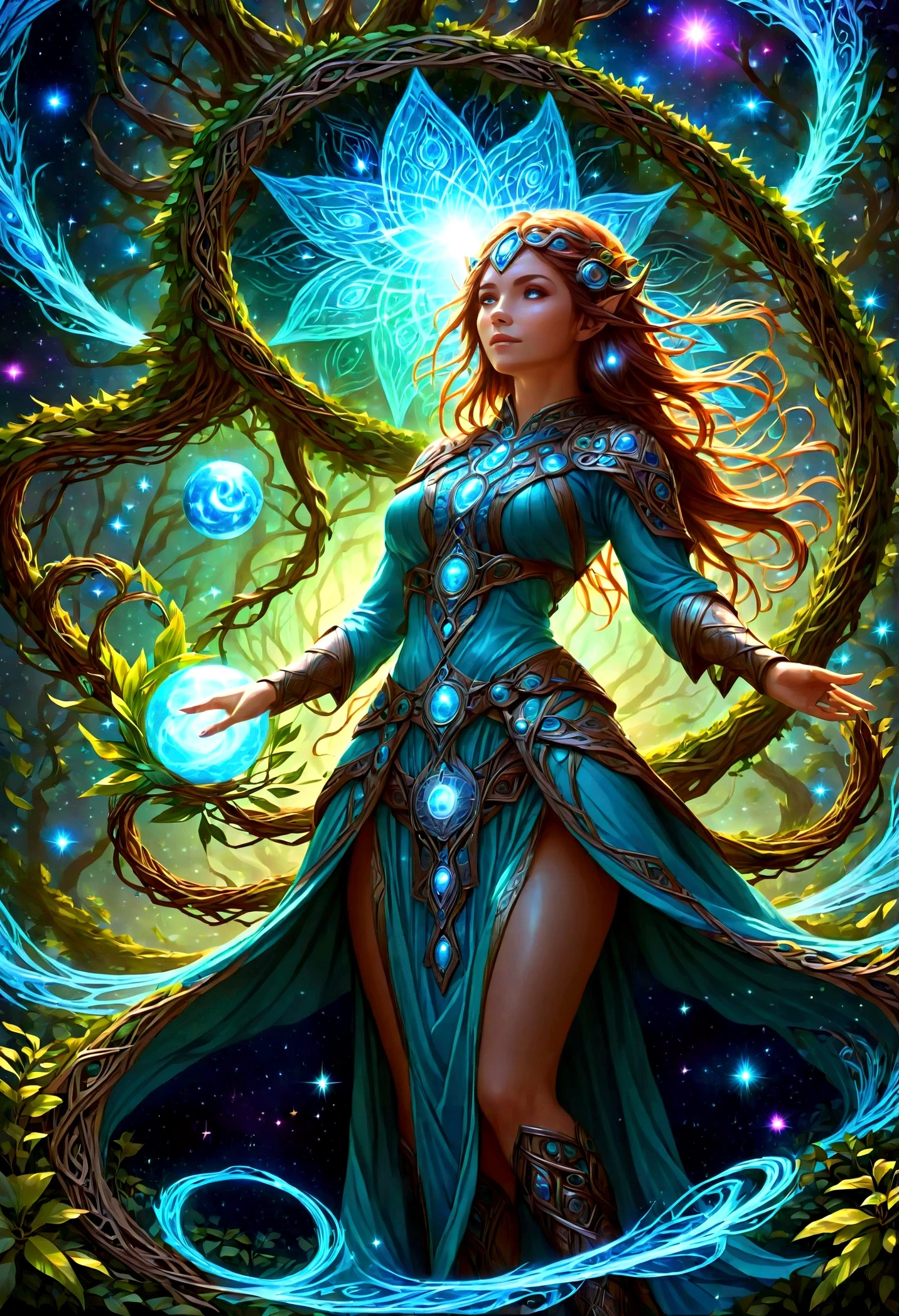 high details, best quality, 16k, [ultra detailed], masterpiece, (extremely detailed), dynamic angle, photorealistic, ((fantasy art)), d&d art, rpg art, realistic art, female human druid of the stars, guardian of nature, controlling magical energy made of stars, swirling blue stary magical light, divine symbols, DruidMagicAI (intricate details, Masterpiece, best quality: 1.5), human female, extremally beautiful, ultra feminine, dynamic hair, dynamic hair color, wearing leather armorת holding a staff, moon light, stars, dynamic natural background, RPG art, magical atmosphere magic-fantasy-forest, ultra best realistic, best details, 16k, [ultra detailed], masterpiece, best quality, (extremely detailed), photorealism, depth of field, hyper realistic painting, Cinematic Hollywood Film style