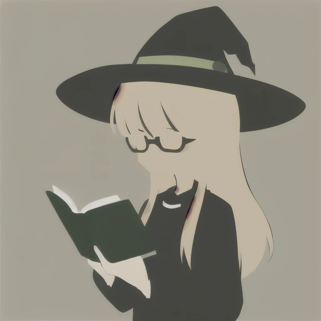 Anime Minimalist, One girl, alone, Flaxen Hair, Green background, hair ornaments, librarian,Glasses,hat,witch,(Turned to the side:1.5),I had a book