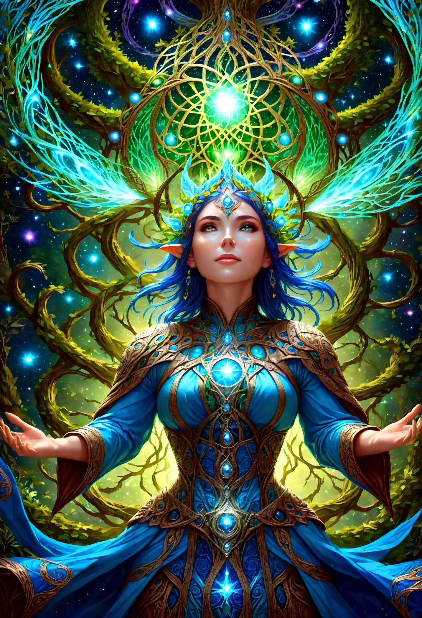 high details, best quality, 16k, [ultra detailed], masterpiece, (extremely detailed), dynamic angle, photorealistic, ((fantasy art)), d&d art, rpg art, realistic art, female human druid of the stars, guardian of nature, controlling magical energy made of stars, swirling blue stary magical light, divine symbols, DruidMagicAI (intricate details, Masterpiece, best quality: 1.5), human female, extremally beautiful, ultra feminine, dynamic hair, dynamic hair color, wearing leather armorת holding a staff, moon light, stars, dynamic natural background, RPG art, magical atmosphere magic-fantasy-forest, ultra best realistic, best details, 16k, [ultra detailed], masterpiece, best quality, (extremely detailed), photorealism, depth of field, hyper realistic painting, Cinematic Hollywood Film style