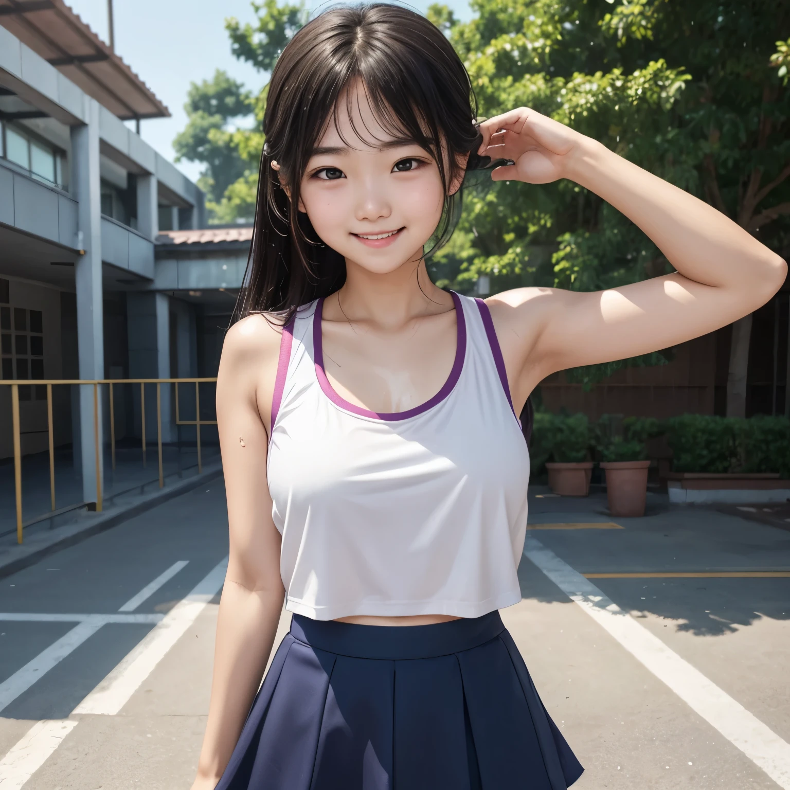 A girl whose whole body is soaked with sweat。Smiling and sweating on my forehead。The background is the schoolyard。Tank top and short skirt。