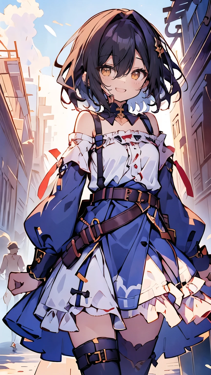 dress,1girl with((bare shoulders, belt, eyebrows visible through hair, hair between eyes, long sleeves, suspenders, looking at viewer, off shoulder, shirt, single thighhigh, solo, thighhighs, white legwear, white shirt,off-shoulder dress,frilled skirt,belt buckle,sleeveless,buckle,choker,frills,medium hair,frilled dress,frilled shirt))