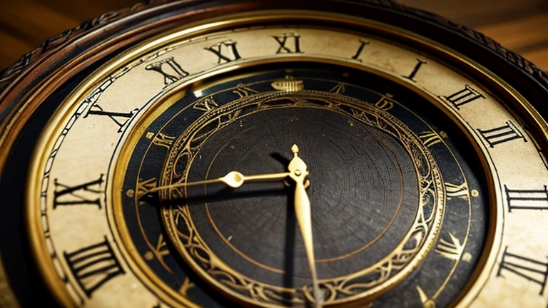 mysterious clock hanging from a gnarled branch of an old, ruinous tree. The clock has an ornate, antique design with a slightly tarnished brass finish and intricate engravings on its frame. The clock face is cracked and faded, showing the time as midnight. The pendulum is immobile, giving a sense of eerie stillness. Attached to the clock is a piece of aged parchment with the ominous message 'Death will come for you in the darkness' written in dark, smudged ink. The overall scene should evoke a sense of foreboding and supernatural mystery.