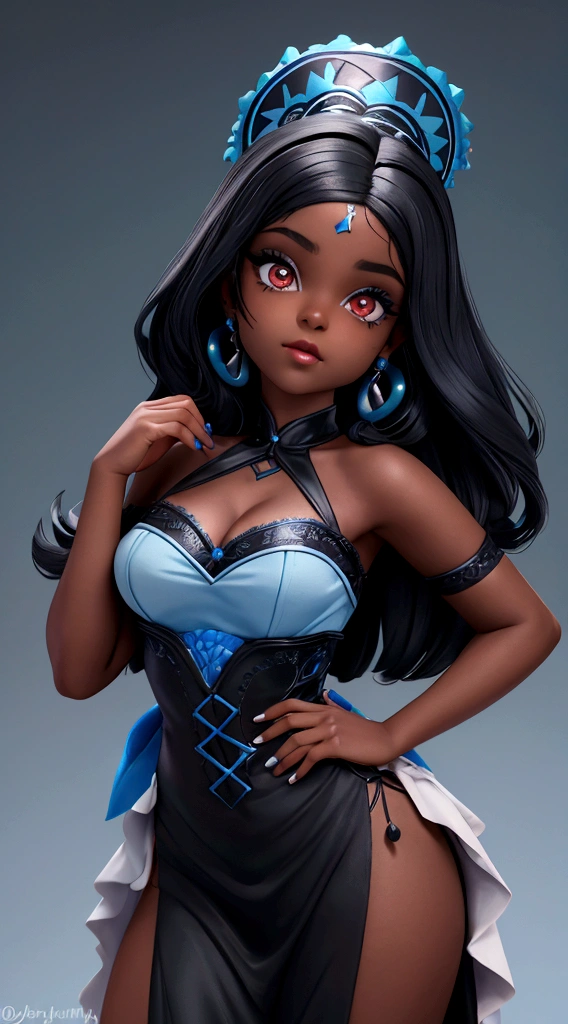 mulher morena com vestido preto e azul e maquiagem preta, olhar assustador, inspirado na Disney Pixar (MENINA NEGRA JOVEM COM CABELO LONGO CACHEADO PRETO)