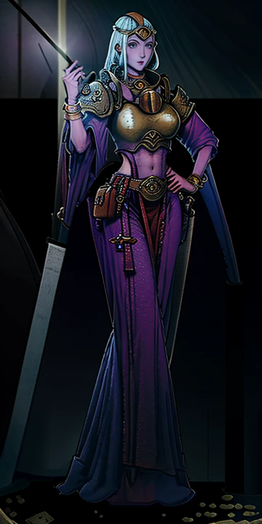 full body toe to head, masterpiece, 1soloMILF BIMBO standing loincloth pose hands on hips, leather collar choker neck bell shackles wristbands bracers bracelets sleeves and stockings, strong body, abs, shiny skin (masterpiece, best quality) 1girlsolo wearing 40K Warhammer sisters of battle whsororitas (plain background)