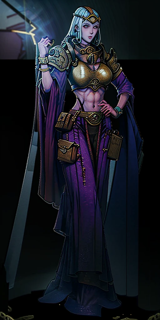 full body toe to head, masterpiece, 1soloMILF BIMBO standing loincloth pose hands on hips, leather collar choker neck bell shackles wristbands bracers bracelets sleeves and stockings, strong body, abs, shiny skin (masterpiece, best quality) 1girlsolo wearing 40K Warhammer sisters of battle whsororitas (plain background)
