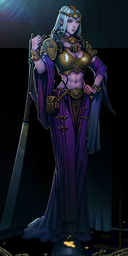 full body toe to head, masterpiece, 1soloMILF BIMBO standing loincloth pose hands on hips, leather collar choker neck bell shackles wristbands bracers bracelets sleeves and stockings, strong body, abs, shiny skin (masterpiece, best quality) 1girlsolo wearing 40K Warhammer sisters of battle whsororitas (plain background)
