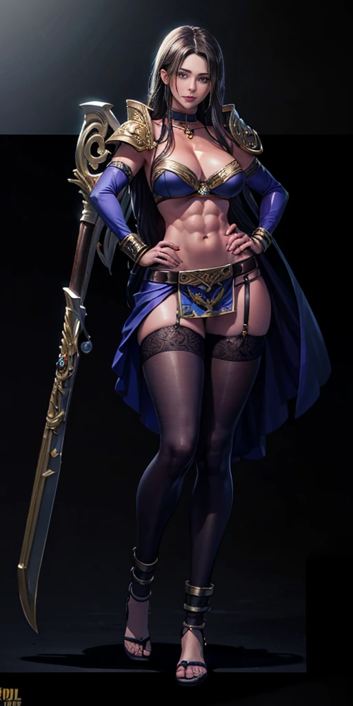 full body toe to head, masterpiece, 1soloMILF BIMBO standing loincloth pose hands on hips, leather collar choker neck bell shackles wristbands bracers bracelets sleeves and stockings, strong body, abs, shiny skin (masterpiece, best quality) 1girlsolo wearing 40K Warhammer sisters of battle whsororitas (plain background)