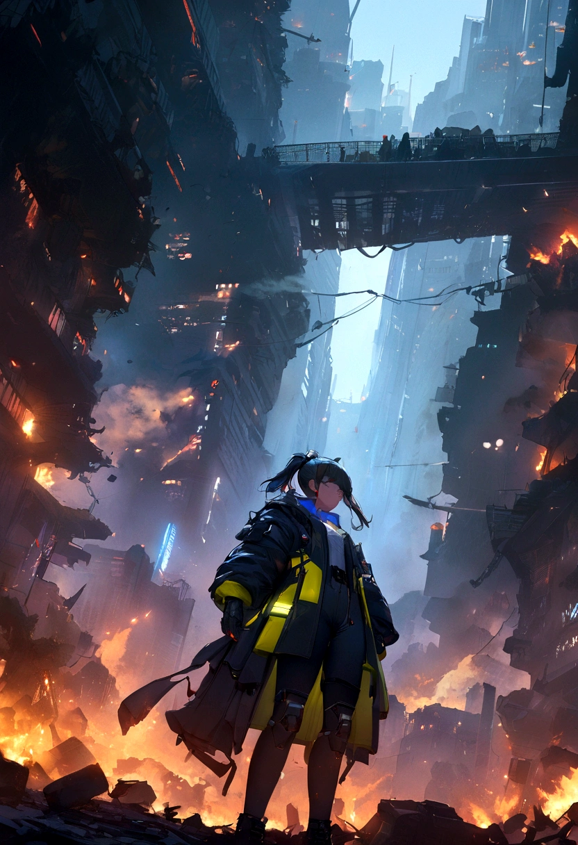 Metropolitan city, cyberpunk, neo lights, destruction, destroyed, fire, (masterpiece),(best quality),from below, bystander, 8k,best quality, good quality, beautiful light