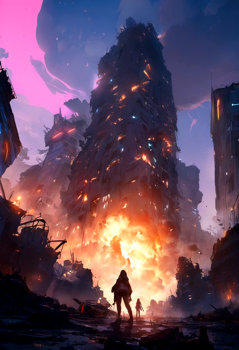 Metropolitan city, cyberpunk, neo lights, destruction, destroyed, fire, (masterpiece),(best quality),from below, bystander, 8k,best quality, good quality, beautiful light