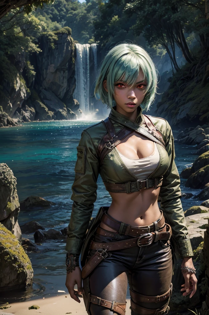 emeraldsustrai, emerald sustrai, short hair, (red eyes:1.5), green hair, dark skin, dark-skinned female, BREAK navel, cleavage, midriff, belt, cleavage cutout, chaps, BREAK on beach, sea BREAK cliff side, waterfall, crowd, (crowd in military dress), post-apocalypse, dystopian future, (volumetric lighting), intricate details, tonemapping, sharp focus, hyper detailed, (cowboy shot:1.5), BREAK (masterpiece:1.2), best quality, high resolution, unity 8k wallpaper, (illustration:0.8), (beautiful detailed eyes:1.6), extremely detailed face, perfect lighting, extremely detailed CG, (perfect hands, perfect anatomy),