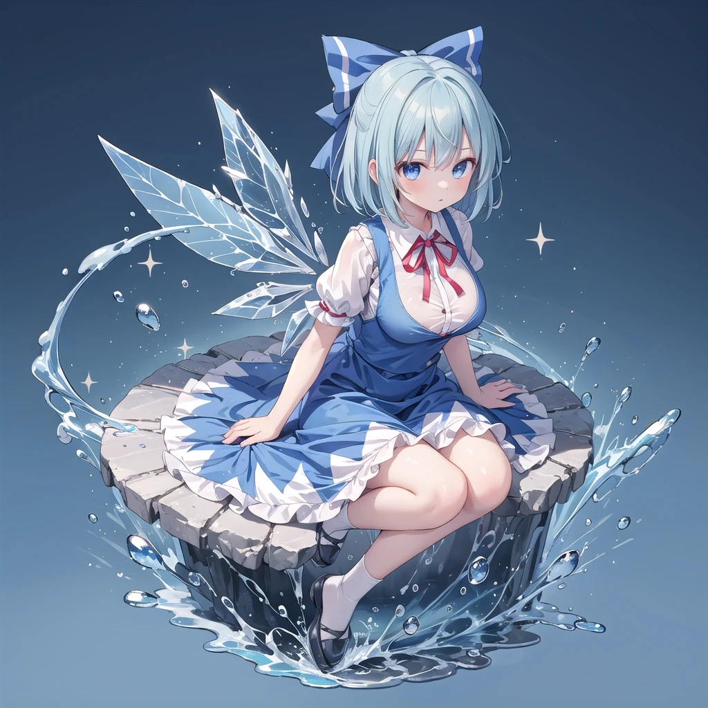 1girl, cirno (touhou), short hair, blue hair, ice wings, fairy wings, blue eyes, bangs, white shirt, collared shirt, puffy short sleeves, blue dress, pinafore dress, red ribbon, neck ribbon, blue bow, green bow, hair bow, bow,(large breasts),(((full body))),(((blue background))),(((Diagonal angle)))