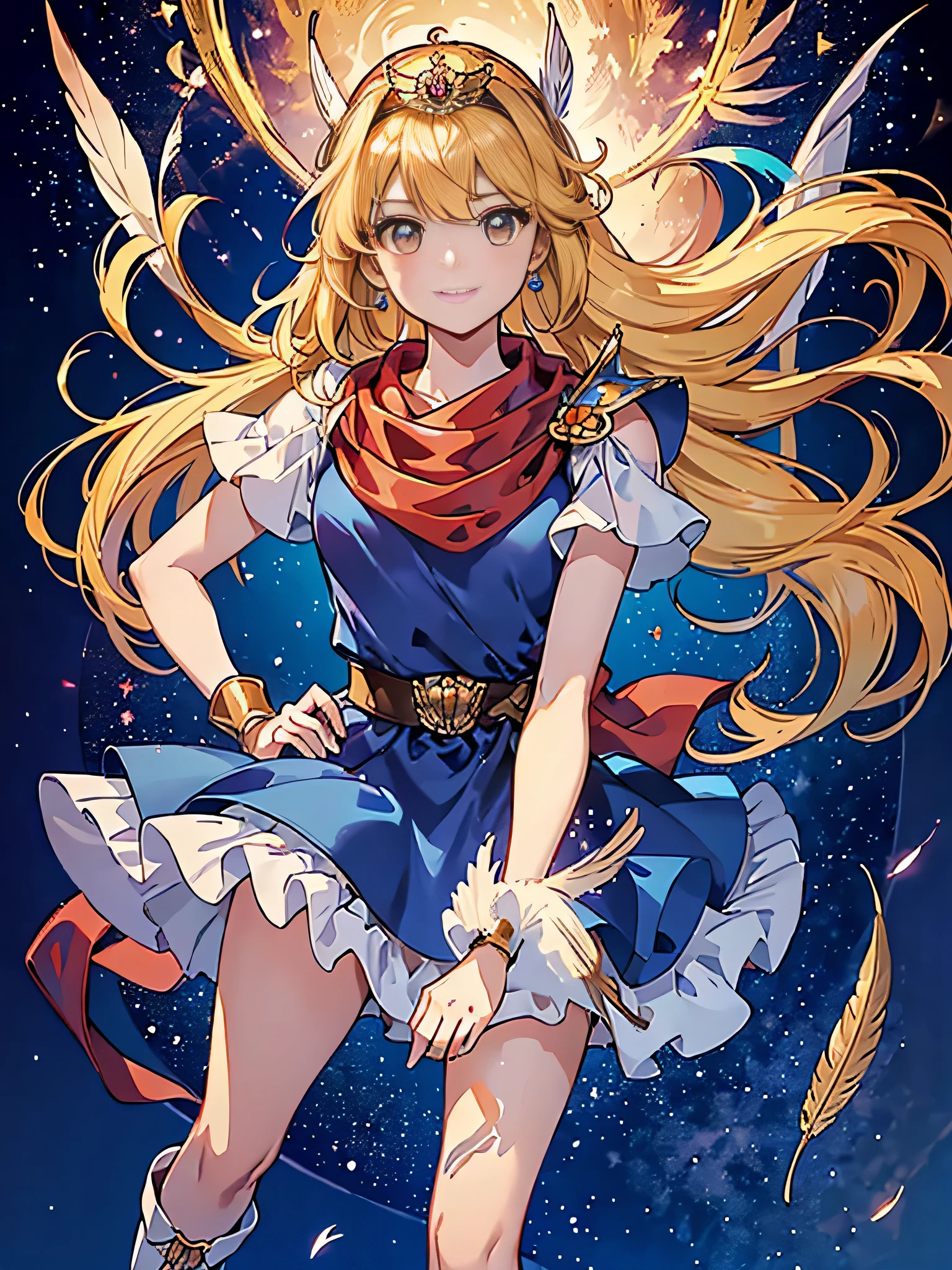 masterpiece、1 beautiful girl、fine eyes、smile,puffy eyes、highest quality, 超High resolution, (reality: 1.4), movie lighting、super beautiful、beautiful skin、body facing forward、Upper body,close up of face,(Ultra-realistic)、(High resolution)、(8k)、(very detailed)、(Beautiful and fine eyes)、(Super detailed)、 (wall-)、detailed face、bright lighting、professional lighting、looking at the viewer、look straight ahead、slanted bangs、perfect cosplay, highest quality,super detailed,1 girl,alone,magical princess,blonde hair,blue clothes,blue skirt,brown eyes,feather hair band,long hair,pauldron,boots,red scarf,tiara,white shoes, flower field background,prepare a bow