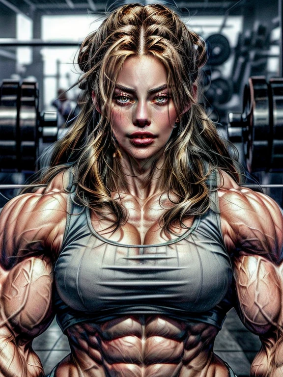 a woman with a muscular body posing for a picture, muscular girl, strong woman, feminine and muscular, bodybuilding woman, muscular and terrifying, very beautiful. big muscles, muscular warrior women, strong arms, muscled, muscular ultraviolent woman, big muscles, massive muscles, huge muscles, muscles, large muscles, muscular sweat lara croft, fit girl, bursting with muscles