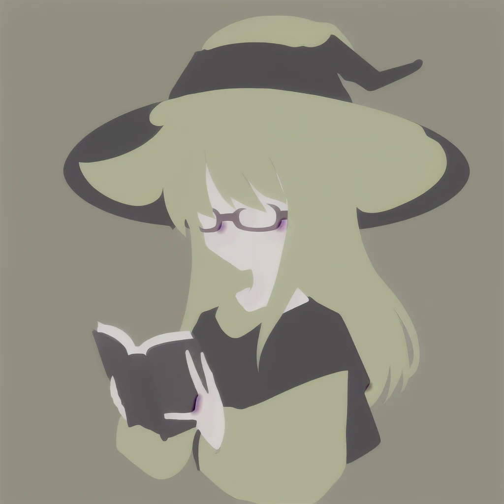 Anime Minimalist, One girl, alone, Flaxen Hair, Green background, hair ornaments, librarian,Glasses,hat,witch,(Turned to the side:1.5),(I had a book:1.3)
