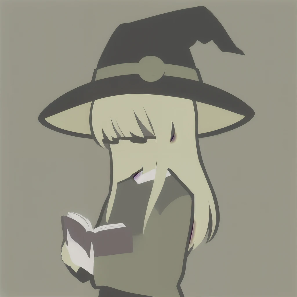Anime Minimalist, One girl, alone, Flaxen Hair, Green background, hair ornaments, librarian,Glasses,hat,witch,(Turned to the side:1.5),(I had a book:1.3)