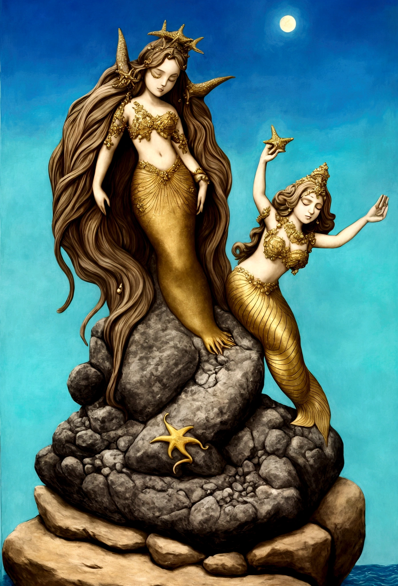 a woman with a starfish over her eyes wearing it as if it were a mask over her eyes and the starfish has small blue lights that shine, the woman stands on a black stone carved with symbols in a rough sea rising hands towards the sky in a Sandro Botichelli style painting, with slightly blue skin and small scales on her face, she has long hair decorated with gold and pearly tiaras (Lying position on the carved rock with a pronounced mermaid tail )(MAR PICADO Y LUNA ILUMINANDO) (MUJER REALISTA CON PIEL AZULADA TENUE) mascara de estrella marina tapando sus ojos (piedras muy negras)