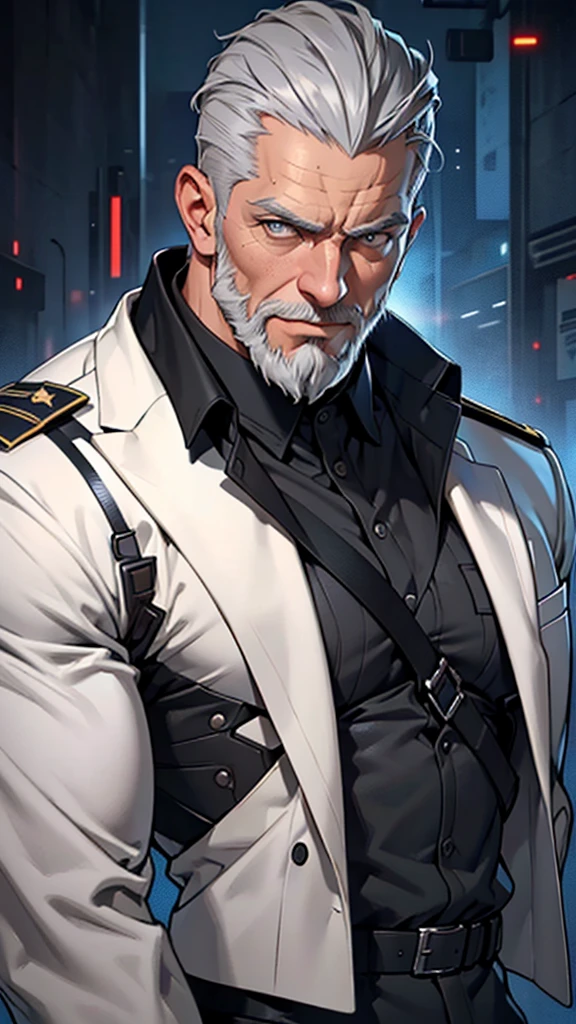 55 year old cybernetic guy muscles realistic masterpieces full figure pose (best quality,ultra-detailed), grey hair slicked back, dark eyes, scarred face with beard, fit body, (cocky expression), formal military uniform