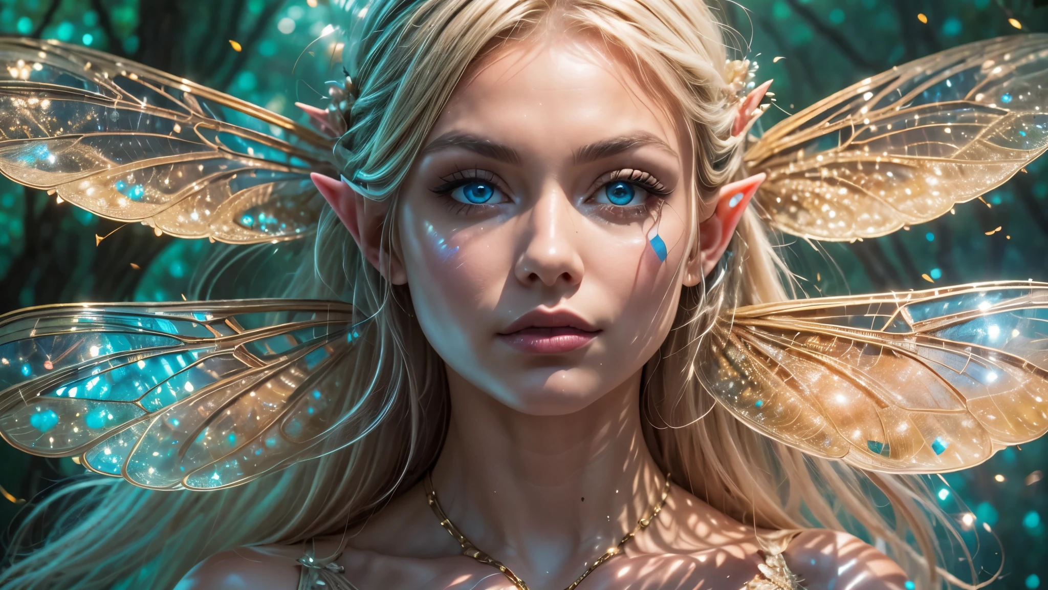Beautiful faerie woman, elf ears, flying, hovering, floating, centered holographic dragonfly wings, balanced wings, glowing blue eyes, detailed realistic eyes, detailed proportional hand, manicured hands, four fingers on each hand, one thumb on each hand, detailed fingers, proportional fingers, painted fingernails, proportional legs, proportional arms, proportional body, firm breast, silk tutu, ballet pose, magic glitter, oak tree forest, frank Frazzetta painting style, (Best Quality:1.4), (Ultra-detailed), (extremely detailed CG unified 8k wallpaper), Highly detailed, RAW Photos, Professional Photography, plein air, Illumination, (Super fancy photos:1.4), (Dazzling light), Radiant Photography, depth of fields,