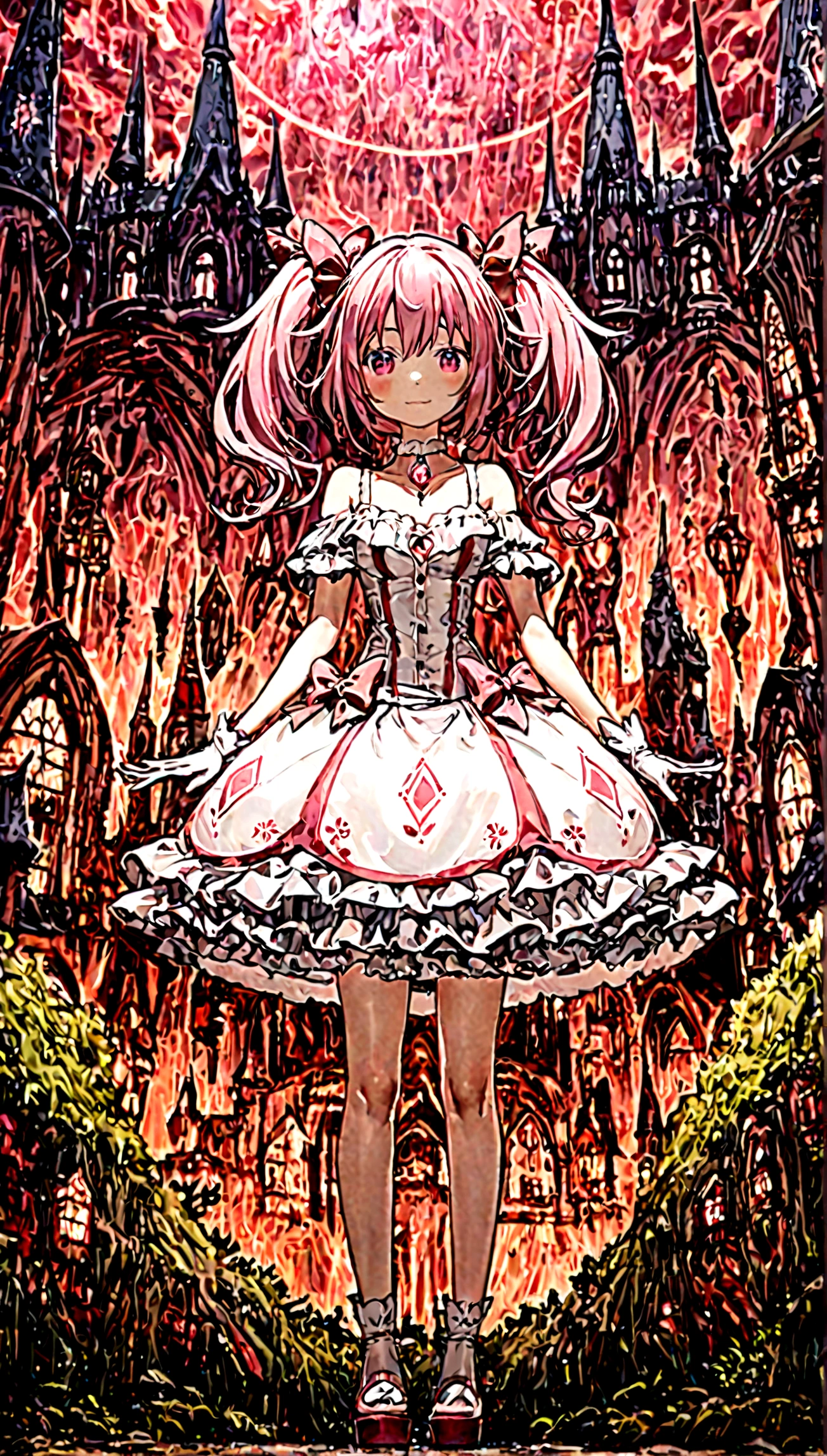 kaname_madoka\(Puella Magi Madoka Magica,magical girl style,pink twin tails hair,pink bows,open shoulder dress with frill,bow at neck,white grove,red juwel at middle of clavicle\) is standing with confused face in the center wondering showing full body to viewer,geometric and chaotic background with gothic shadow puppet castle landscape,(in a very psychedelic nightmare), BREAK ,quality\(8k,wallpaper of extremely detailed CG unit, ​masterpiece,hight resolution,top-quality,top-quality real texture skin,hyper realisitic,increase the resolution,RAW photos,best qualtiy,highly detailed,the wallpaper,cinematic lighting,ray trace,golden ratio\),(long shot),wide shot,landscape,blured background,(background art by Salvador Dalí)