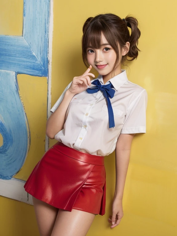 highest quality、figure、sexy、Ultra-detailed、High resolution、8k wallpaper、Perfect dynamic composition,、Beautiful fine details、Natural color lip、Bold sexy pose、smile、、cute、Sexy shot looking at the camera、(highest quality: 1.3), (masterpiece: 1.3), (Super Detail: 1.3), (One Girl: 1.1), (Detailed hands and fingers:1.2)、(Ultra-oily, lustrous skin with attention to detail:1.1)、Oily shiny knee socks、(The perfect school girl uniform:1.3)、Short-sleeved shirt with front opening、sexy、(Beautiful shapely small breasts:1.3)、(Red mini skirt:1.2)、I can see your thighs、Brown Hair、Twin tails、Beautiful sister、Yellow wall,sexy、I can see your thighs、
