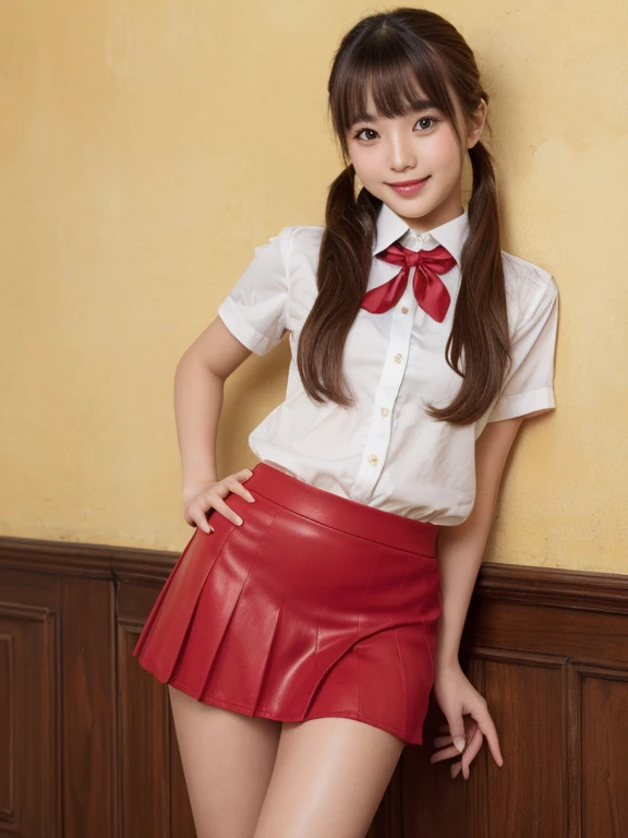 highest quality、figure、sexy、Ultra-detailed、High resolution、8k wallpaper、Perfect dynamic composition,、Beautiful fine details、Natural color lip、Bold sexy pose、smile、、cute、Sexy shot looking at the camera、(highest quality: 1.3), (masterpiece: 1.3), (Super Detail: 1.3), (One Girl: 1.1), (Detailed hands and fingers:1.2)、(Ultra-oily, lustrous skin with attention to detail:1.1)、Oily shiny knee socks、(The perfect school girl uniform:1.3)、Short-sleeved shirt with front opening、sexy、(Beautiful shapely small breasts:1.3)、(Red mini skirt:1.2)、I can see your thighs、Brown Hair、Twin tails、Beautiful sister、Yellow wall,sexy、I can see your thighs、