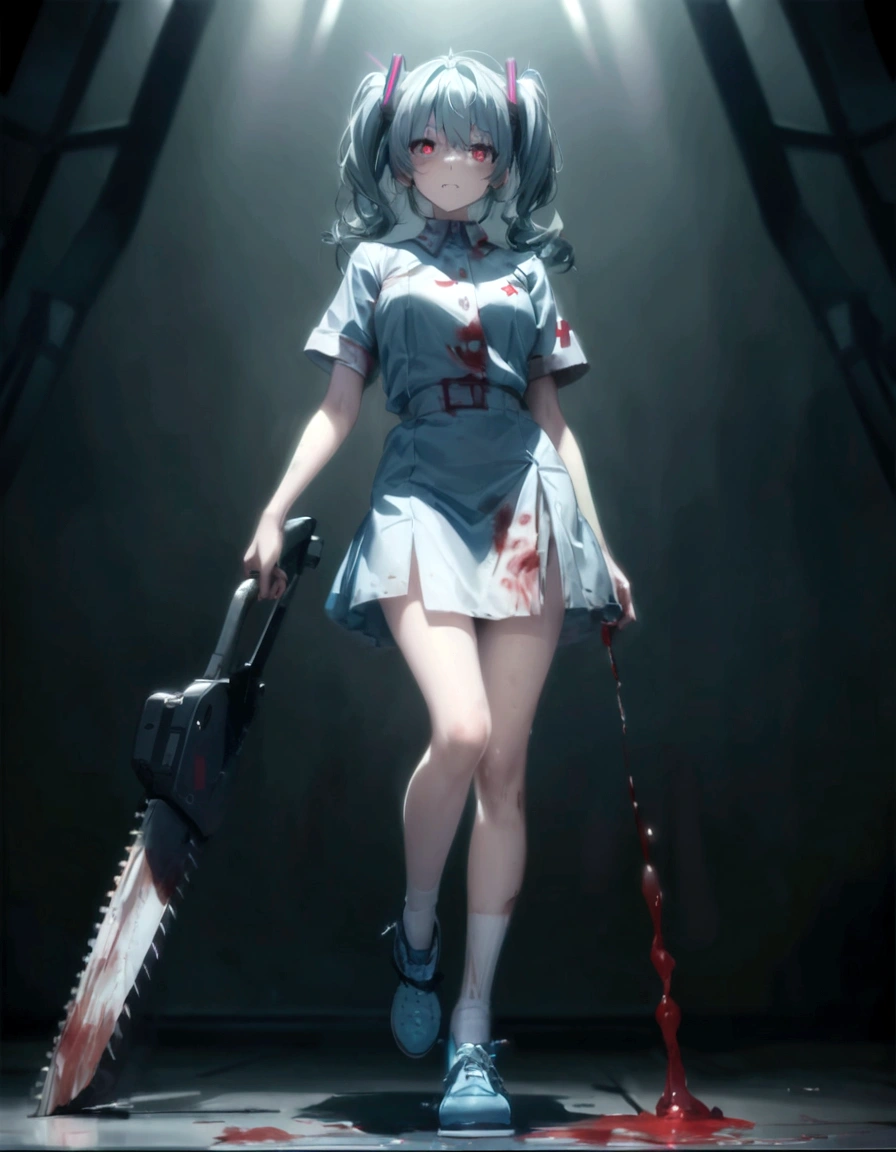 Hatsune Miku、Hatsune Miku、Blue skin and face、masterpiece, highest quality, highest detail, 1 girl, BREAK, horror, (Small injured girl, blood, bleeding, injury), Shining white hair, jewel-like red eyes, anime highlight eyes, (Nurse uniform: 1.4), (White tight miniskirt: 1.2), White pantyhose, scarred clothes, dirty clothes, bloodstained clothes, scarred skin, battle damage, bandaged arms, bandaged legs, (Yandere:1.2), BREAK, The background is a modern hospital, a collapsed hospital, BREAK, full body, movie lighting, action movie poster, dynamic, beautiful girl action actor, motion blur, depth of field, 35mm, Sony FE, 1girl,