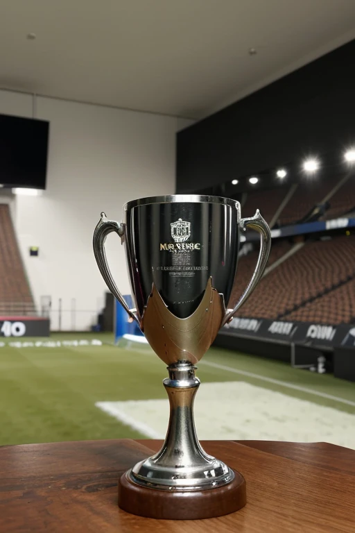 A  cup that will be given to footballers when they win, it is placed on a table 