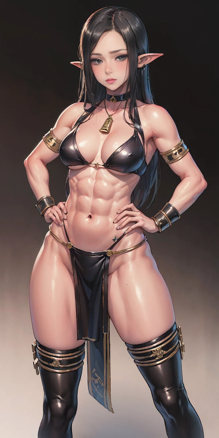 (Masterpiece, plain background:1.2) female full body, toe to head, 1soloMILF BIMBO elf pointy hears standing loincloth pose hands on hips, leather collar choker neck bell shackles wristbands bracers bracelets sleeves and stockings, strong body, abs, shiny skin (masterpiece, best quality) 1girlsolo wearing 40K Warhammer sisters of battle whsororitas