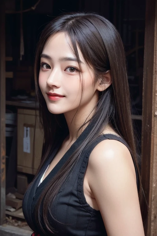 masterpiece, best picture quality, high quality, beautiful girl, Japanese, Japanese school girl, popular Korean makeup, detailed, swollen eyes, detailed eyes, detailed skin, beautiful skin, ultra high resolution, (reality: 1.4), very beautiful, slightly younger face, beautiful skin, slender, (ultra realistic), (illustration), (high resolution), (8K), (highly detailed), (best illustration), (beautifully detailed eyes), (super detailed), (wallpaper), (detailed face), looking at viewer, fine details, detailed face, pureerosfaceace_v1, smiling, looking straight ahead, looking straight ahead, angle from waist up, realistic photo, bright lighting, professional lighting, blonde, long hair, dark abandoned, big red moon, gorgeous red and black dress, mature woman,Kiss Shot Acerola Orion Heart Under Blade