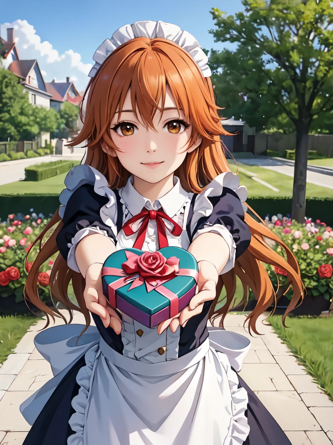 outdoor、garden、Konoe、Holding a heart-shaped gift box with a ribbon and a rose、victorian maid outfit、Closed Mouth、smile、(Real、Photorealistic、Photorealistic Tech)、HDR、UHD、Ultra-fine painting、Sharp Focus、Physically Based Rendering、(Outstretched hand holding a gift:1.2)、Cowboy Shot,4K,8K