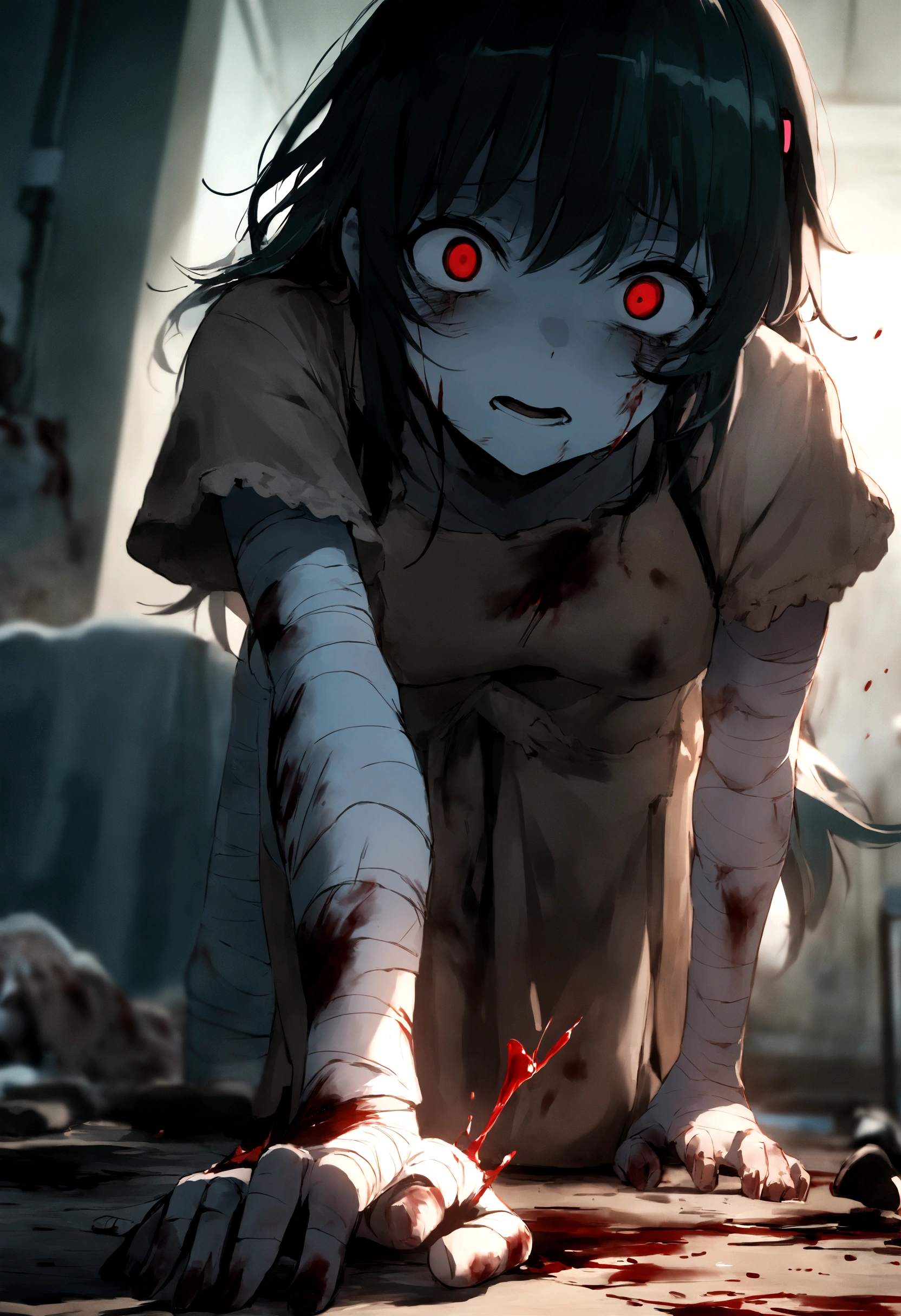 Hatsune Miku、Hatsune Miku、Blue skin and face、masterpiece, highest quality, highest detail, 1 girl, BREAK, horror, (Small injured girl, blood, bleeding, injury), Shining white hair, jewel-like red eyes, anime highlight eyes, scarred clothes, dirty clothes, bloodstained clothes, scarred skin, battle damage, bandaged arms, bandaged legs, (Yandere:1.2), BREAK, The background is a modern hospital, a collapsed hospital, BREAK, movie lighting, action movie poster, dynamic, beautiful girl action actor, motion blur, depth of field, 35mm, Sony FE, 1girl,