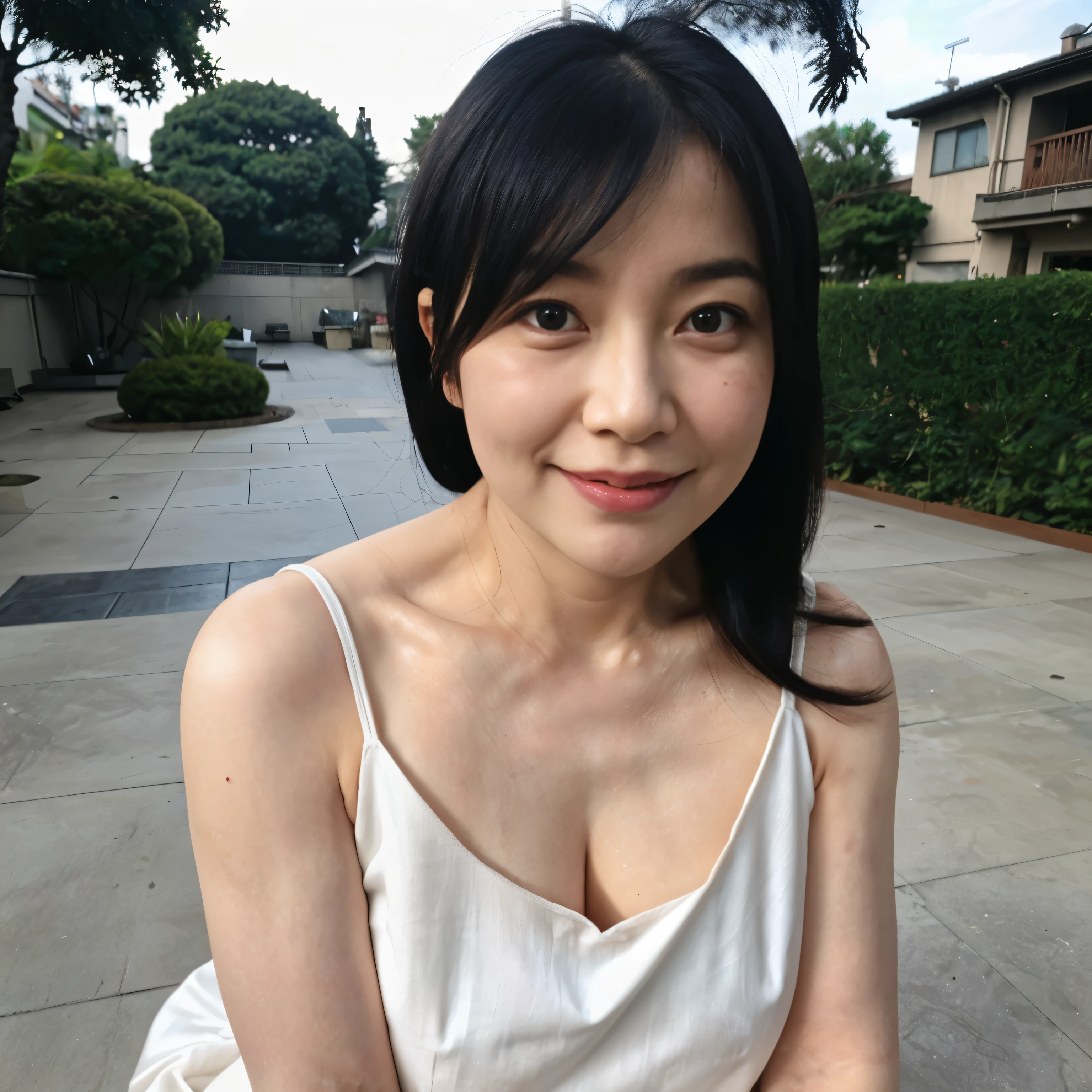 ((highest quality, 8K, Ultra high definition)), ((masterpiece: 1.3)), (Perfect appearance), (Photorealism: 1.6), Sunny outdoors, Original photo, Cinema Lighting, Poolside, (1人のJapanese Mature), (60 years old, Japanese Mature), (Look back here),((Realistic skin texture)), (Fine wrinkles all over the skin, Dull skin, Unmoisturized skin, Wrinkles around the eyes, double eyelid, Lower eyelid tear trough, Crying Mole, Dimples), Slightly parted lips, (Smiling: 1.2), (Short bangs), (Long hair with curled ends: 1.2), (Hair tied back: 1.2), (backless dress), (Plain draped dress), (loose-fitting top dress), (Halter neck), (A long dress with a tight bottom), Pale pink dress, ((Turn around by turning only the upper body)), (Small breasts: 1.2), (Nipples are visible from the side), (Close-up of upper body: 1.4),