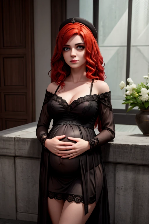 1 garota,38 anos de idade ,pregnant, red hair, roupas gotica ,maquiagem gotica,Obra de arte, realista, high resolution, alta qualidade, mais alta qualidade, melhor qualidade, ultra detalhado, extremamente detalhado