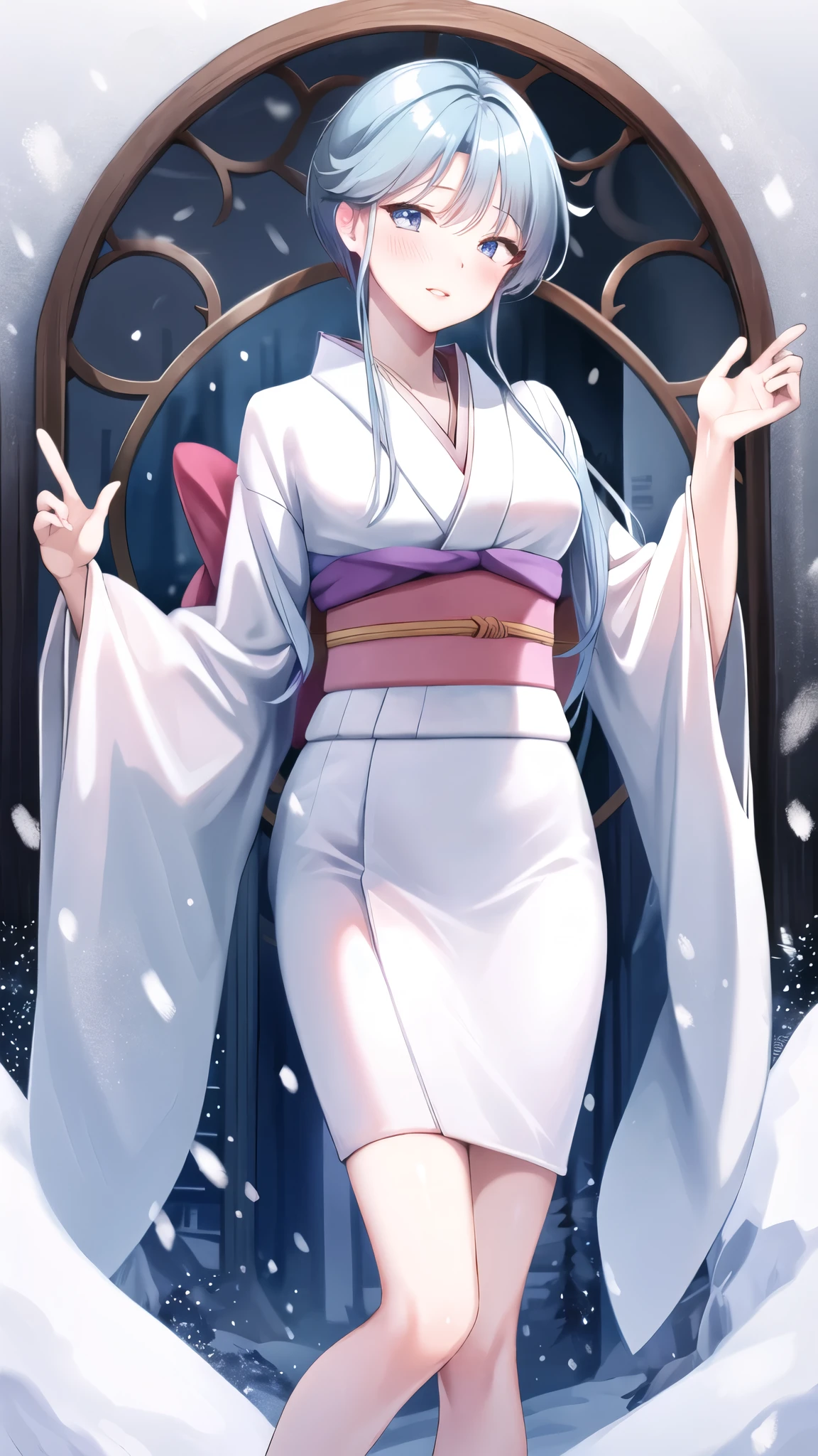 masterpiece, highest quality, YukimeV4, One girl, alone, blush, Lips parted, kimono, Wide sleeves, kimono, sash, heart, white kimono, Crystal of snow, short kimono, 