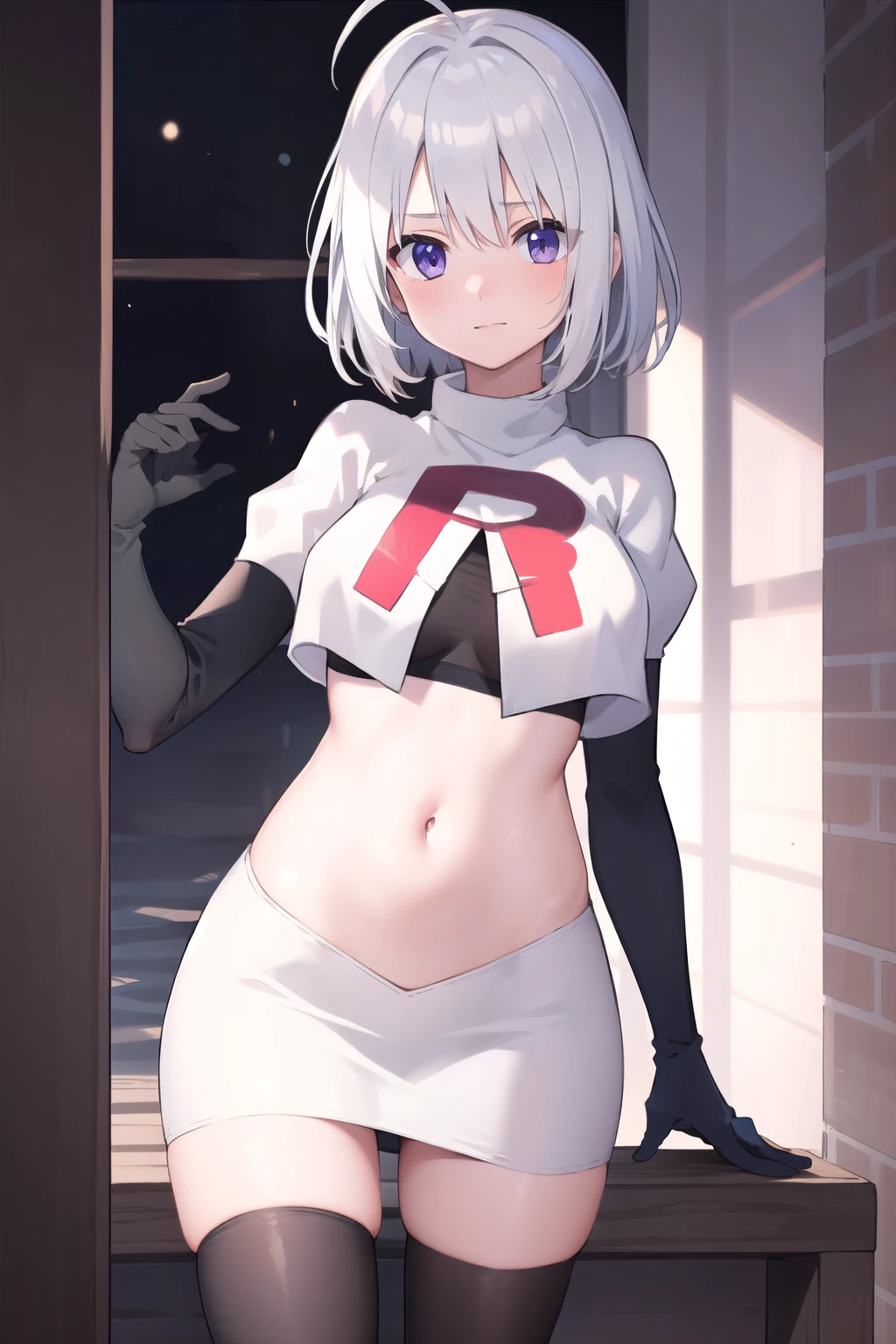 masterpiece, best quality, 1 girl  white hair, ahoge, team rocket,team rocket uniform,white skirt,red letter R,crop top,black thigh-highs,black elbow gloves