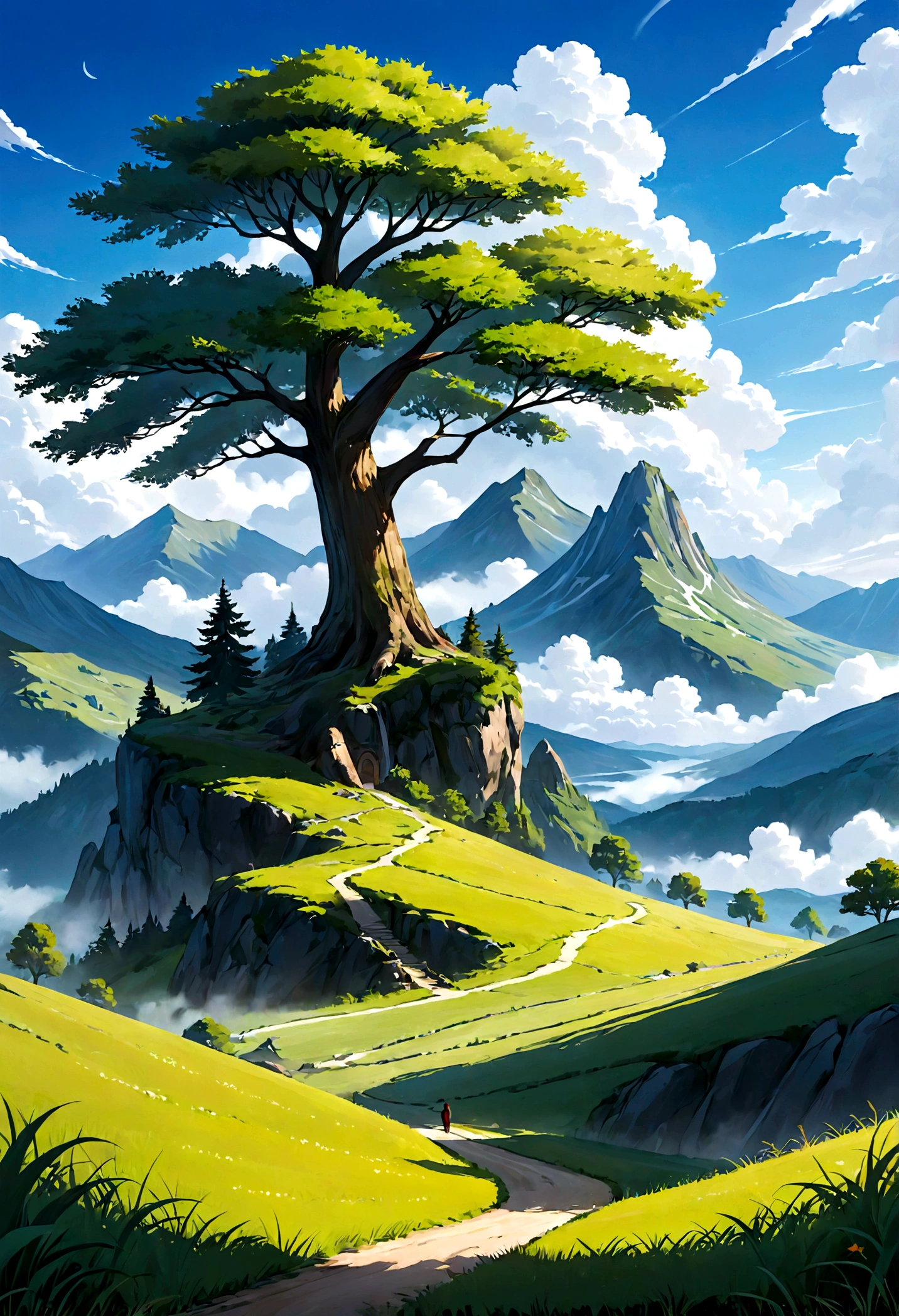 Concept Art,concept art,Samia, Tree, landscape, cloud, outdoor, sky空, sky, Mountain, Grass, nature, mksks-style, best quality, perfect