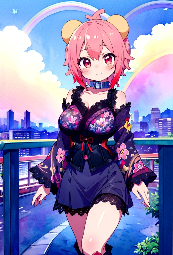 (8k, RAW photo, best quality, masterpiece, highres, absurdres, ultra detailed:1.3), (Photography, realistic, photo-realistic:1.4), (beautiful natural lighting, beautiful deatailed shadow, beautiful detailed glow :1.4), atmospheric,
BREAK 1 beautiful girl, (Beauty:1.5),(Chibi:0.5),(kawaii:2.0),(Cool:2.0),((17 year old girl),(Solo:1.65),BREAK, (huge-breasted:1.2,), Clear skin, Beautiful skin, Shy, 1 beautiful woman,Demons,Colossal tits(Hair Bow, Red hair, Long hair, flipped hair, hair messy,Wings of an angel on the back, Demon King's horn on the head:1.2), (Red Eyes, long eyelashes, Double eyelids: 1.2), Shiny skin,de pele branca,dial,(evil smile, blush :1.45),
BREAK //Character
(Based on the Gothic ta concept of (showing as little skin:1.6) as possible.:1.4),
(The black kimono is basically a kimono sewn from black fabric:1.7), and is styled in Gothic Loliashion.,
(The pattern is embroidered with butterflies and flowers in black thread.1.3),
(A lot of black lace is used on the collar and sleeves:1.7), making it very luxurious and cute.,
The lining is made of red fabric, creating a wonderful contrast between red and black.,
BREAK
(Instead of a obi, a corset is wrapped around it:1.7), and (the strings are red:1.7), making it a fashion highlight.,
BREAK
(The skirt part is (black lace skirt:1.5) with butterfly and floral prints, which enhances its cuteness.:1.6),
Add a touch of Gothic Lolita tur look with (knee boots.:1.3),
BREAK
The white skin and dark eyeshadow make-up typical of Gothic Lolita creat dark overall look. Wear a black headdress or ribbon to enhance your cuteness.,
BREAK
(after rain,watercolor rainbow, slope, running, road, guardrail, cliff overlooking city view: 1.6),
BREAK wakame,wakame,wakame,(cowboy shot, from front:1.4), BREAK ukiyoe style, India-ink painting, watercolor,