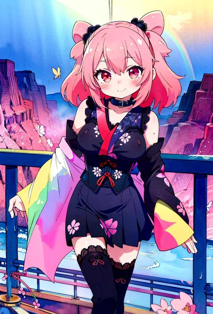 (8k, RAW photo, best quality, masterpiece, highres, absurdres, ultra detailed:1.3), (Photography, realistic, photo-realistic:1.4), (beautiful natural lighting, beautiful deatailed shadow, beautiful detailed glow :1.4), atmospheric,
BREAK 1 beautiful girl, (Beauty:1.5),(Chibi:0.5),(kawaii:2.0),(Cool:2.0),((17 year old girl),(Solo:1.65),BREAK, (huge-breasted:1.2,), Clear skin, Beautiful skin, Shy, 1 beautiful woman,Demons,Colossal tits(Hair Bow, Red hair, Long hair, flipped hair, hair messy,Wings of an angel on the back, Demon King's horn on the head:1.2), (Red Eyes, long eyelashes, Double eyelids: 1.2), Shiny skin,de pele branca,dial,(evil smile, blush :1.45),
BREAK //Character
(Based on the Gothic Lolita concept of (showing as little skin:1.6) as possible.:1.4),
(The black kimono is basically a kimono sewn from black fabric:1.7), and is styled in Gothic Lolita fashion.,
(The pattern is embroidered with butterflies and flowers in black thread.1.3),
(A lot of black lace is used on the collar and sleeves:1.7), making it very luxurious and cute.,
The lining is made of red fabric, creating a wonderful contrast between red and black.,
BREAK
(Instead of a obi, a corset is wrapped around it:1.7), and (the strings are red:1.7), making it a fashion highlight.,
BREAK
(The skirt part is (black lace skirt:1.5) with butterfly and floral prints, which enhances its cuteness.:1.6),
Add a touch of Gothic Lolita to your look with (knee boots.:1.3),
BREAK
The white skin and dark eyeshadow make-up typical of Gothic Lolita creates a dark overall look. Wear a black headdress or ribbon to enhance your cuteness.,
BREAK
(after rain,watercolor rainbow, slope, running, road, guardrail, cliff overlooking city view: 1.6),
BREAK wakame,wakame,wakame,(cowboy shot, from front:1.4), BREAK ukiyoe style, India-ink painting, watercolor,