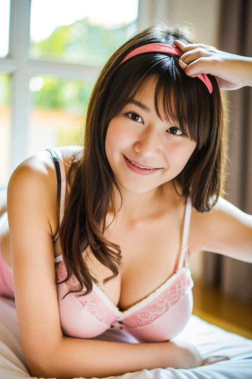 (masterpiece, best quality:1.2), 1girl, (arafed image of a woman in a pink Briefs and White bra with pink straps), bloomy, nanogirl, airy, nanogirlv 2, anmi, antgerm, beutifull, ((Lie on your stomach, turn your head and smile at the camera.))