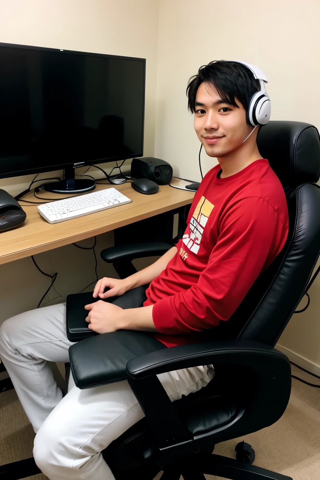 generate an image of an otaku streaming from the view of his face sitting in his gaming chair