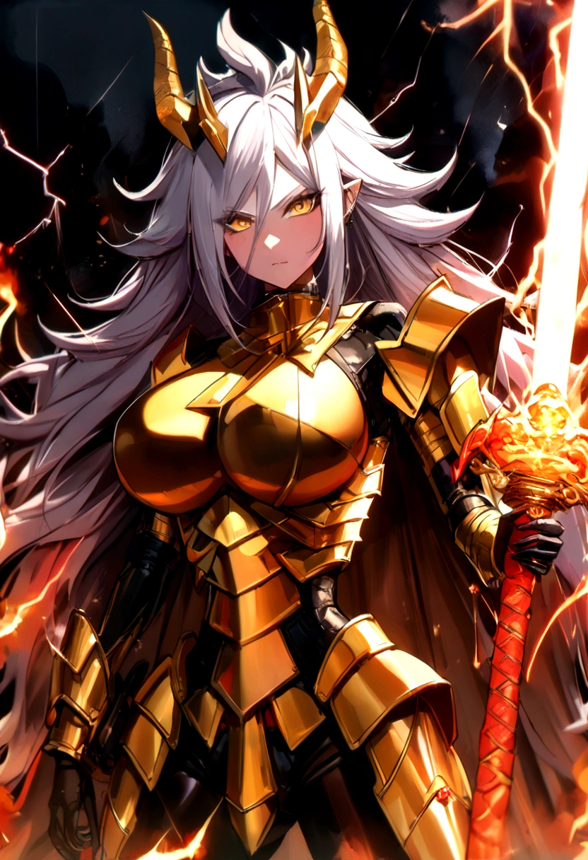 ((Lightning Power)), ((Electricity)), ((Fire Background)), ((android 21)), (((white Coat))), (((Darkness power))), (((Busty))), (((((Big breast:1,3)))), luxury bustier corset, ((silver hair)), (((Very slim waist))), propotional body, ((Gorgeous)), ((Fire gold wings)), masterpiece, hyperdetail, ambient effect, digital effect, (((FIRE SWORD)), (((Lightning Sword))), (((Fire Gold Armor))), ((Lightning Gold Wings)), ((Fire Demon Horns))