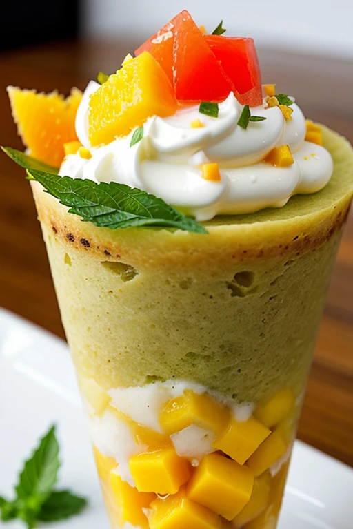 Helado hecho con tuna,chirimoya, mango, orange and mint leaves presentation in a cone to sell