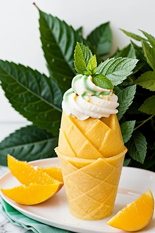 Helado hecho con tuna,chirimoya, mango, orange and mint leaves presentation in a cone to sell