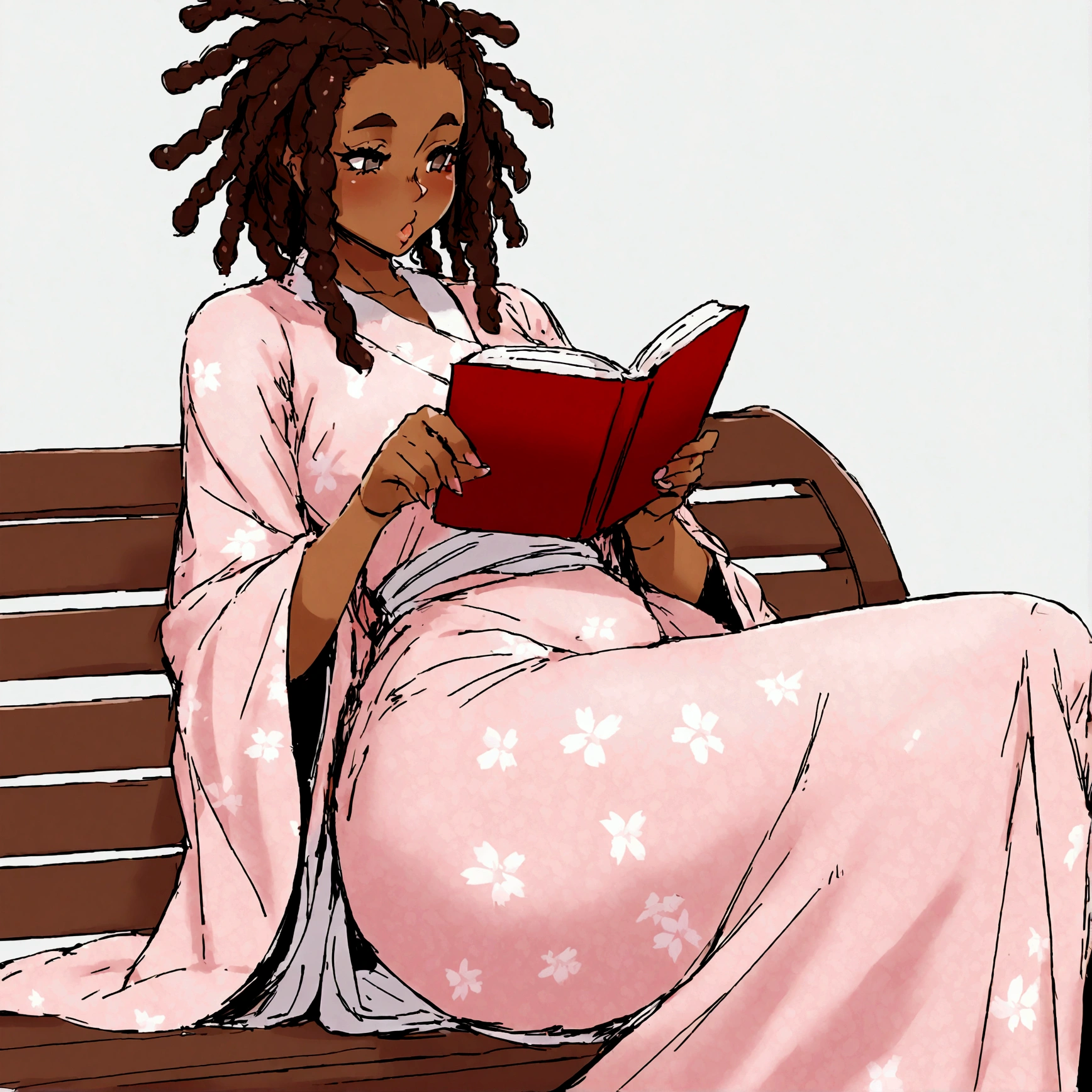 a sexy, curvy ebony skinned milf with long red dreadlocks in a flowing sakura dress on a bench reading a book, big monkey lips