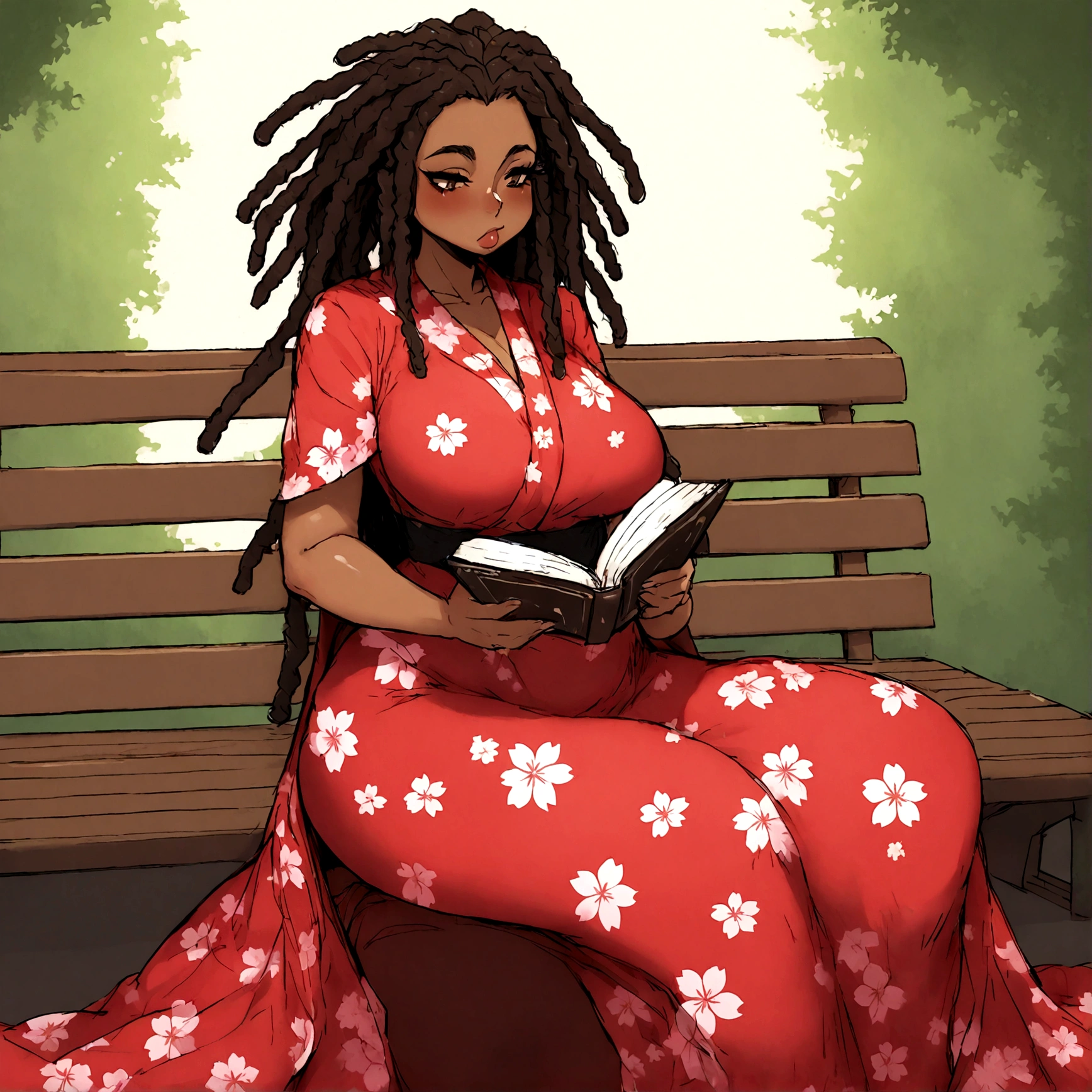 a y, curvy ebony skinned milth long red dreadlocks in a flowing sakura dress on a bench reading a book, big monkey 