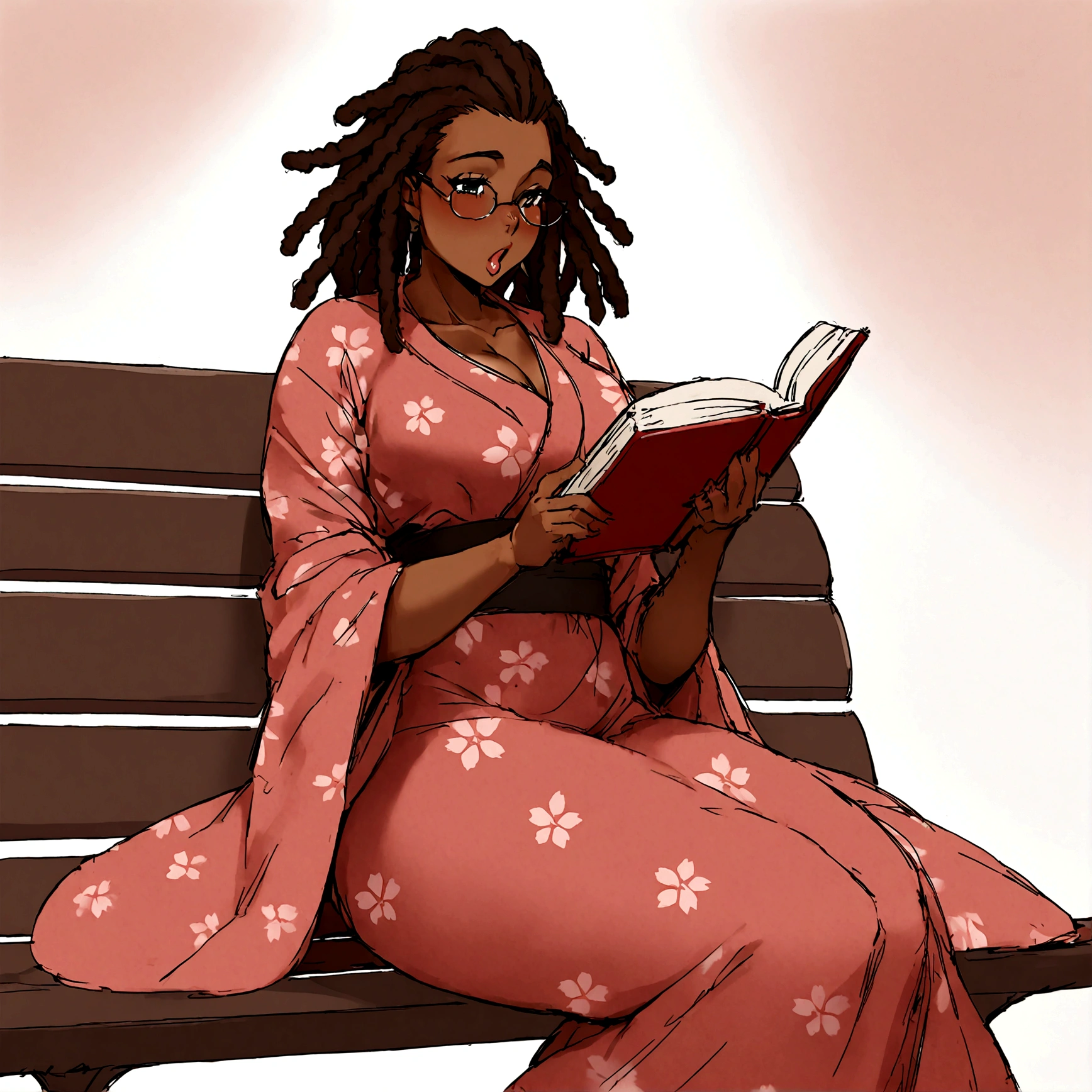 a sexy, curvy ebony skinned milf with long red dreadlocks in a flowing sakura dress on a bench reading a book, big monkey lips